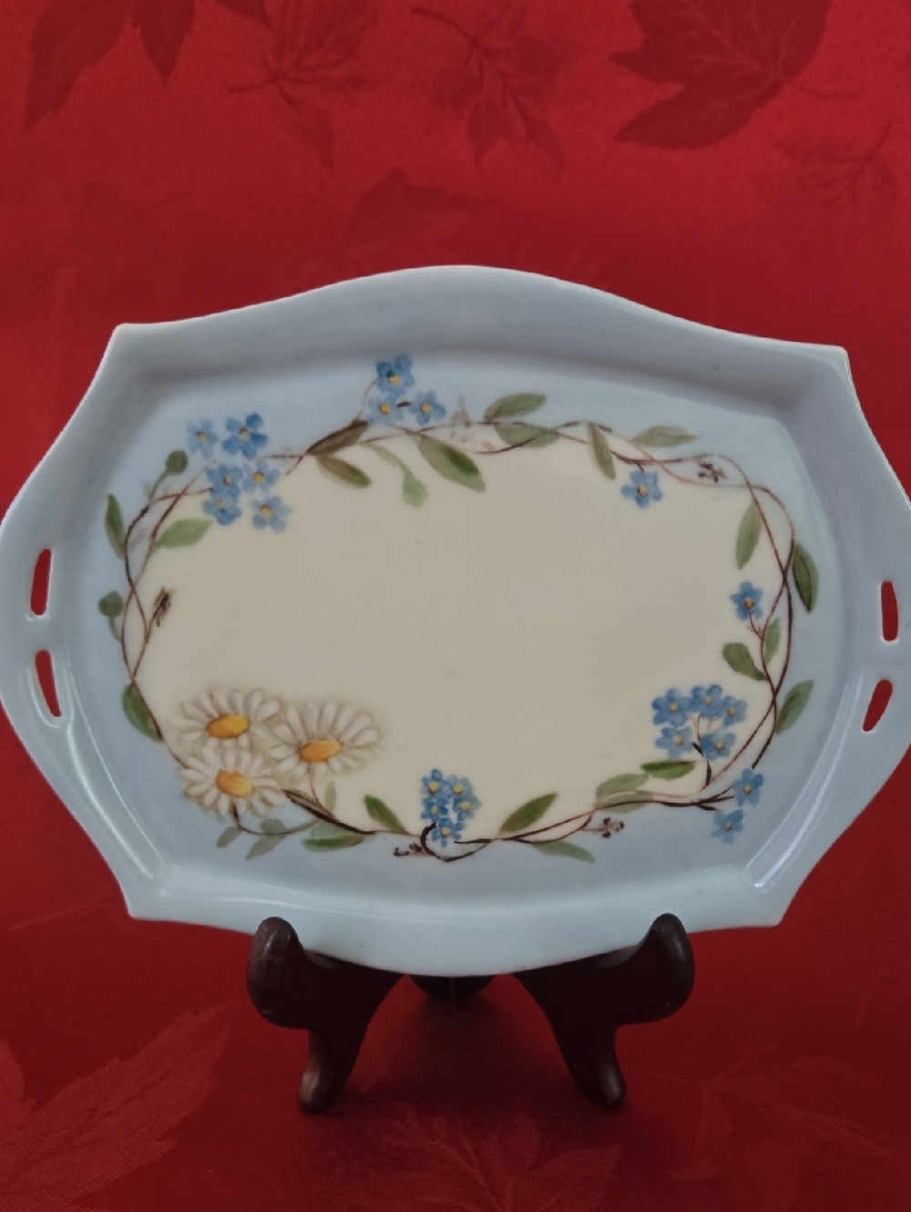 Vintage Blue Floral Ceramic Serving Or Vanity Tray With Daisies & Forget Me Nots